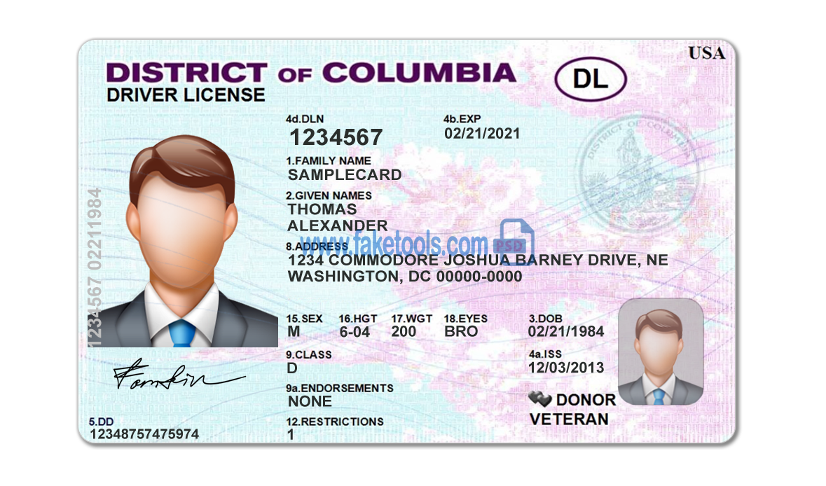 District of Columbia driver license Psd Template