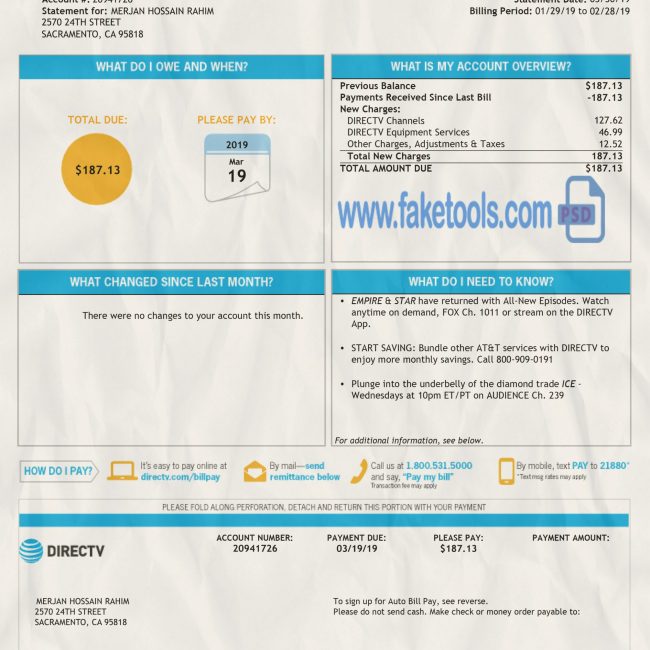USA Utility Bill : USA Proof of Address : directv Bill Psd template