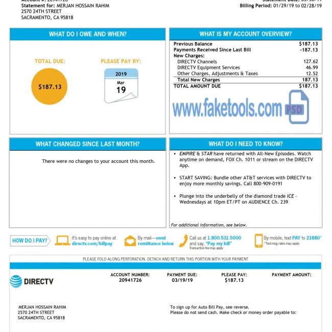 USA Utility Bill : USA Proof of Address : directv Bill Psd template