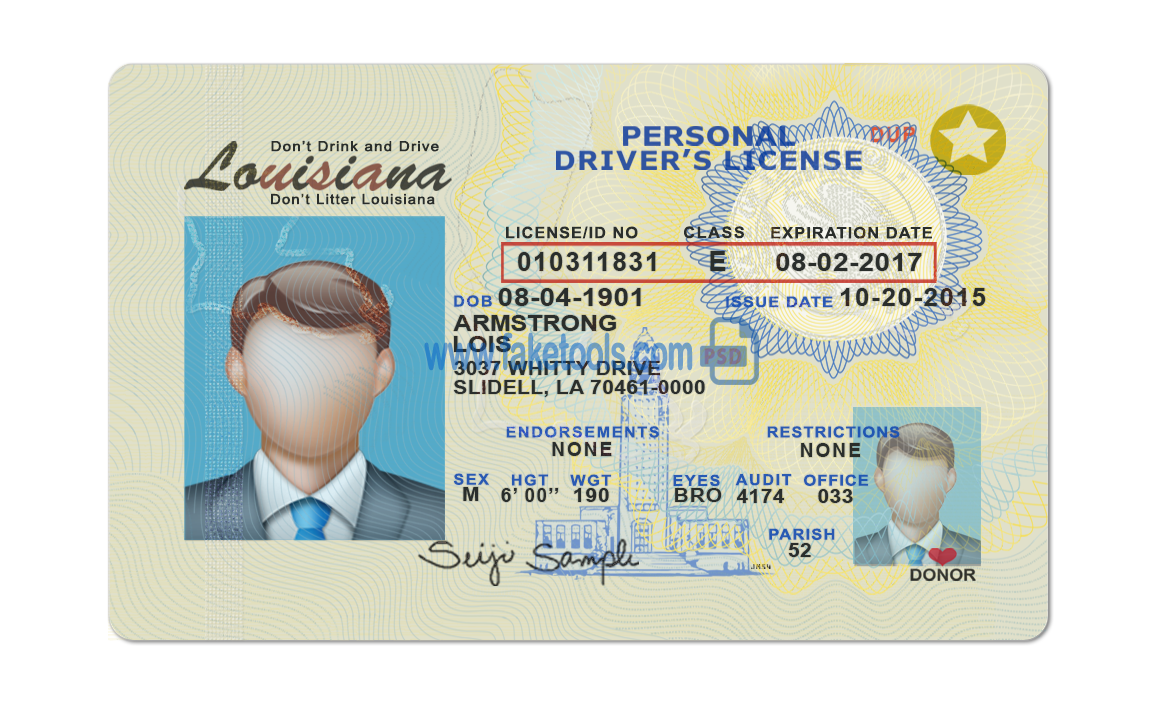 Louisiana driver license Psd Template