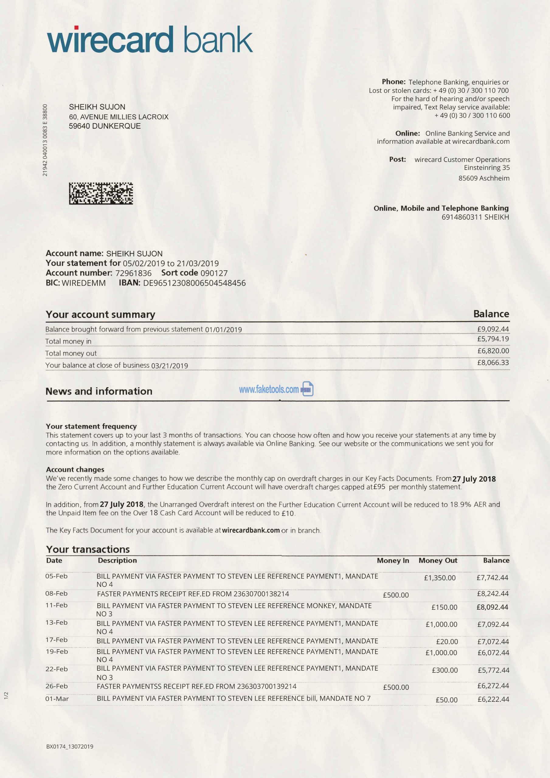 wirecard bank statement psd template : Payoneer bank statement