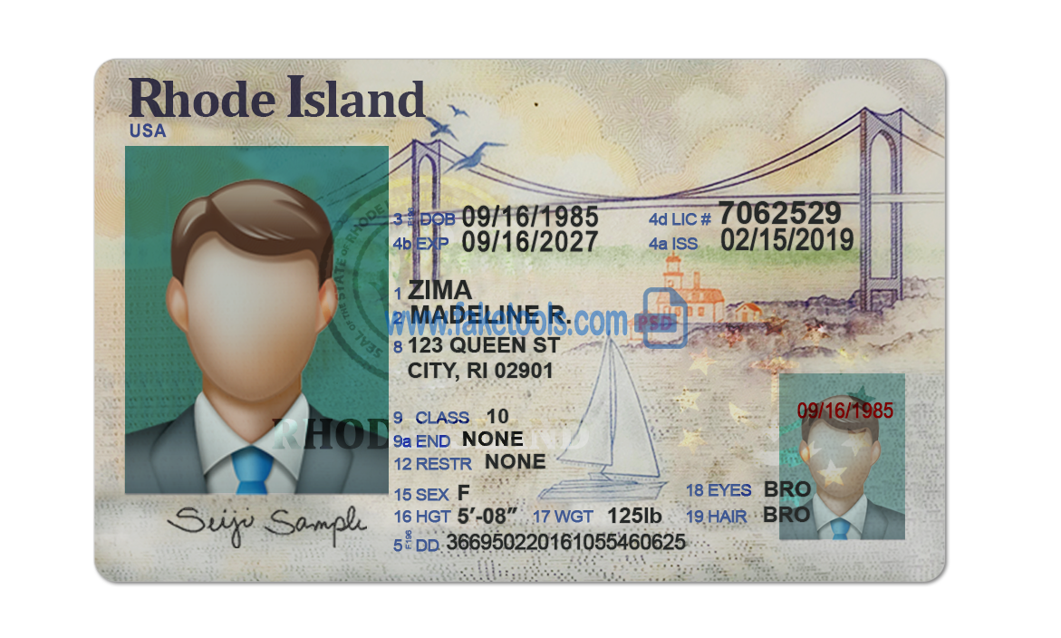 Rhode Island driver license Psd Template