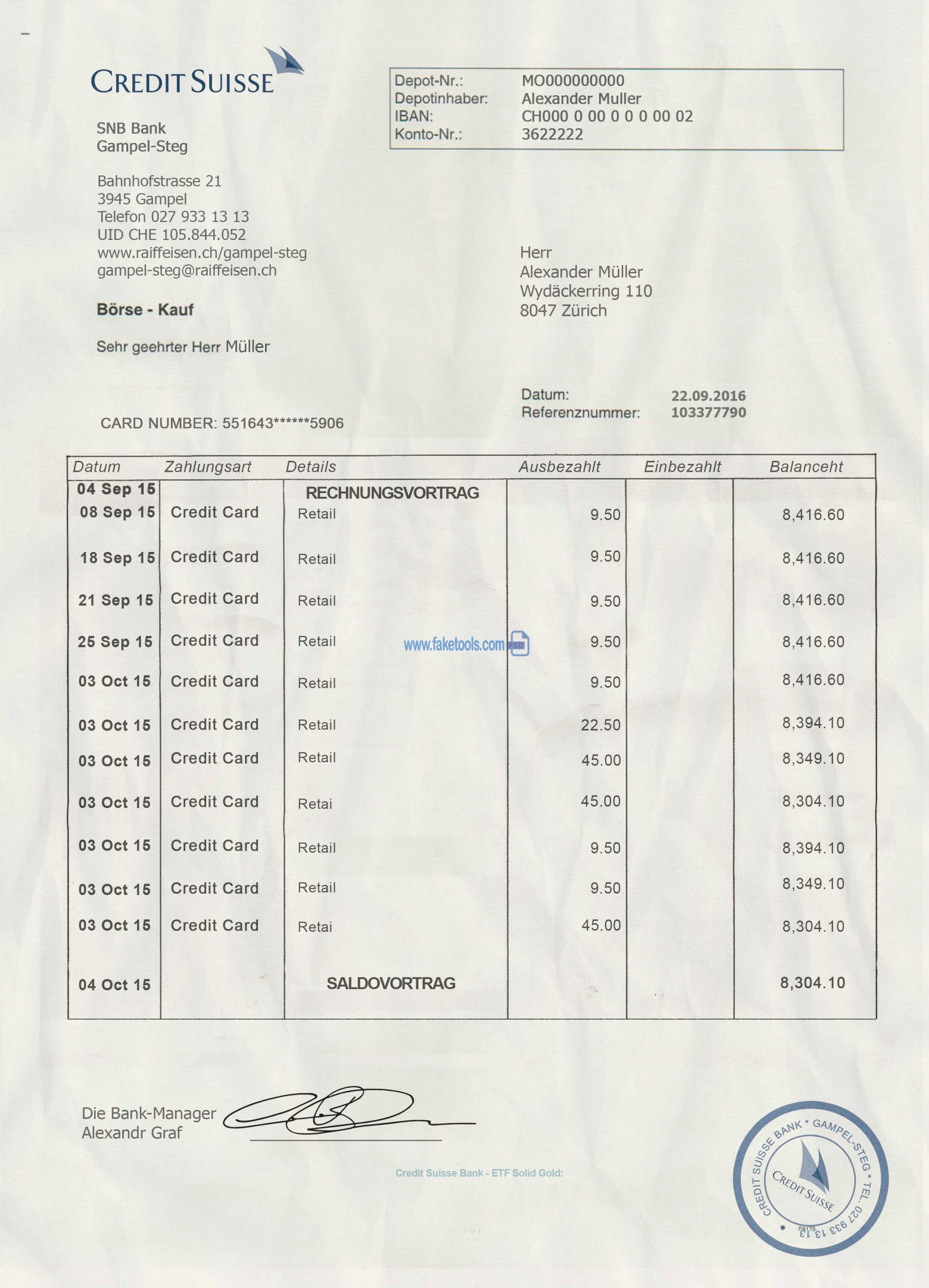 Swiss bank Statement psd template
