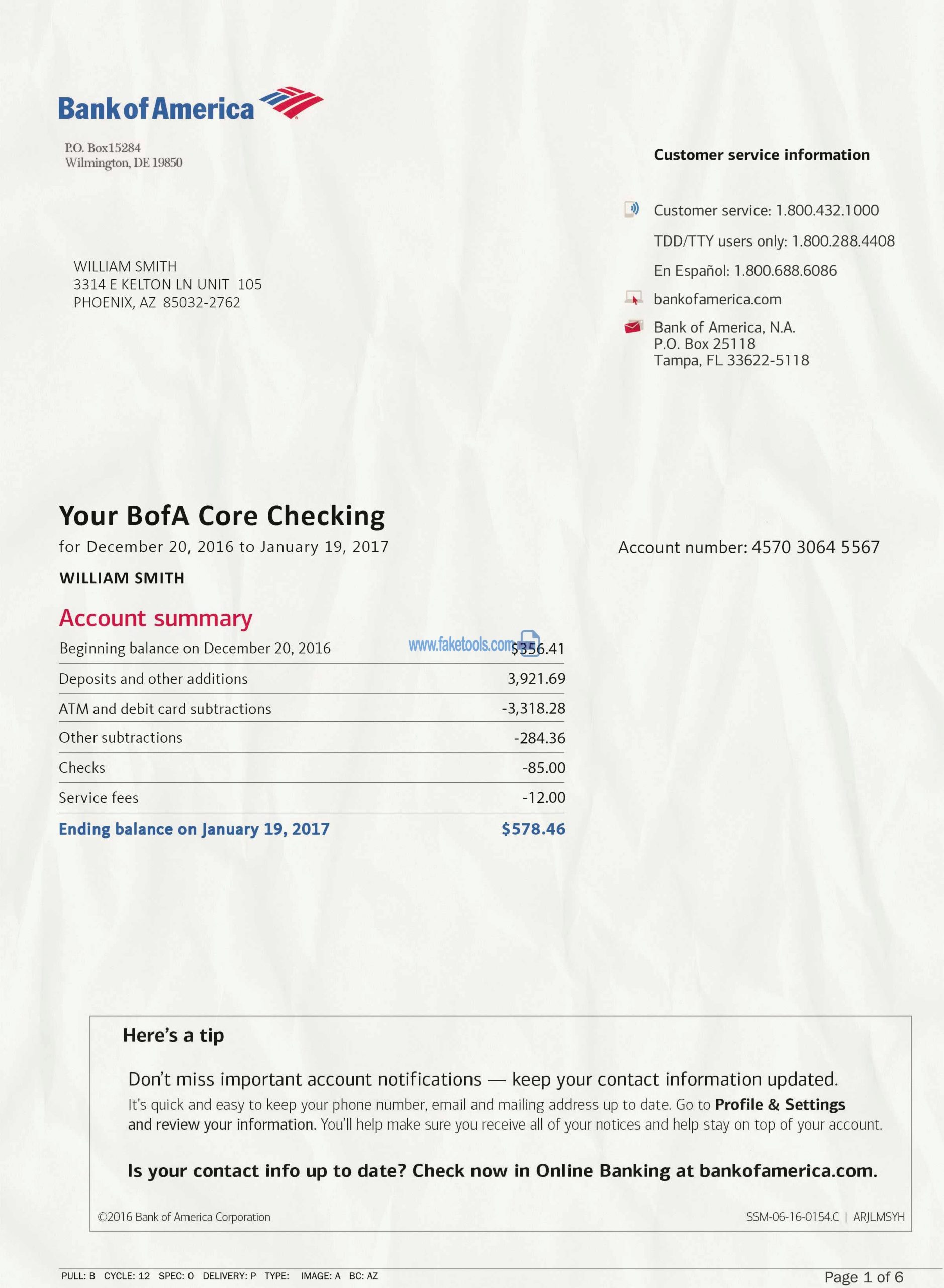 Bank of America Statement psd template