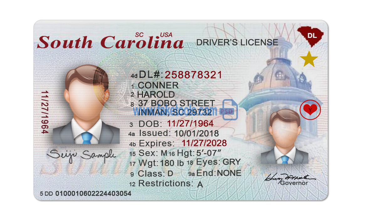 South Carolina driver license Psd Template